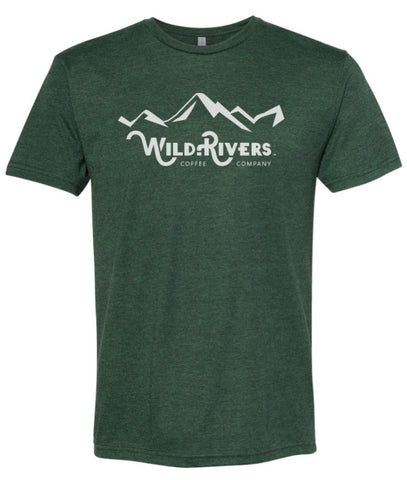 Front view of Army Green shirt with Wild Rivers Coffee Company logo on it with mountain range in white ink