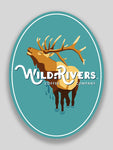 3 x 4 sticker of an elk and wild rivers logo on light blue background