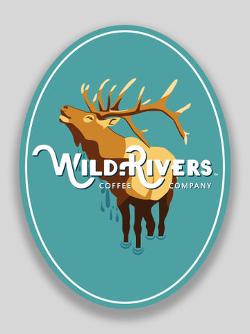 3 x 4 sticker of an elk and wild rivers logo on light blue background