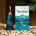 12 oz. Ethiopian coffee bag with a mountain scene and illustration of a Duck with Wild Rivers Logo. Tasting notes for this coffee include: Citrus, Honey, Dark Chocolate for a 3 month gift subscription