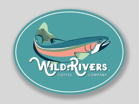 3 x 2.25 sticker of a fish and wild rivers logo on light blue background