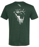 Back view of Army Green shirt with Wild Rivers Coffee Company symbol on top center with illustration of an elk in white ink