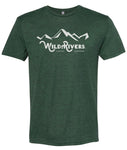 Front view of Army Green shirt with Wild Rivers Coffee Company logo on it with mountain range in white ink