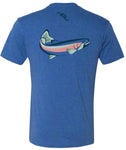 Back view of Medium Blue shirt with Wild Rivers Coffee Company symbol on top center middle in dark blue ink with illustration of trout beneath in dark blue, salmon, green, and white ink
