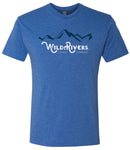 Front view of Medium Blue shirt with Wild Rivers Coffee Company logo on it in white ink with mountain range above logo in dark blue ink