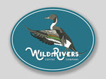 4 x 3 sticker of a duck and wild rivers logo on light blue background